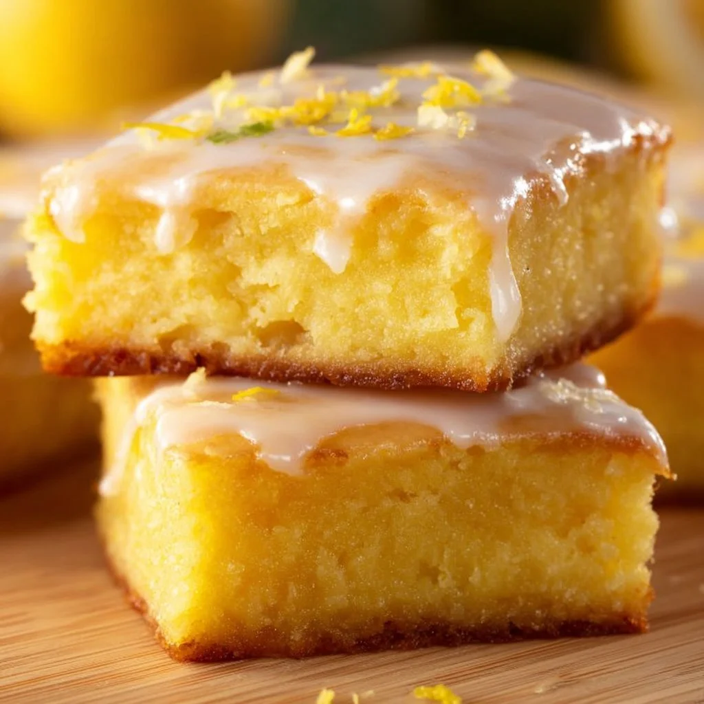Delicious lemon brownies with a zesty frosting on a white plate