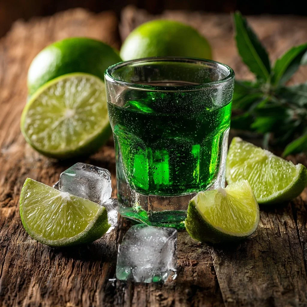 Colorful Liquid Marijuana Shot cocktail garnished with mint leaves.
