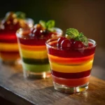 Delicious Milk Gelatin dessert topped with fresh berries and mint leaves.