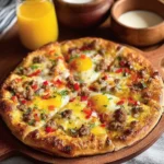 Delicious breakfast pizza topped with eggs and sausage