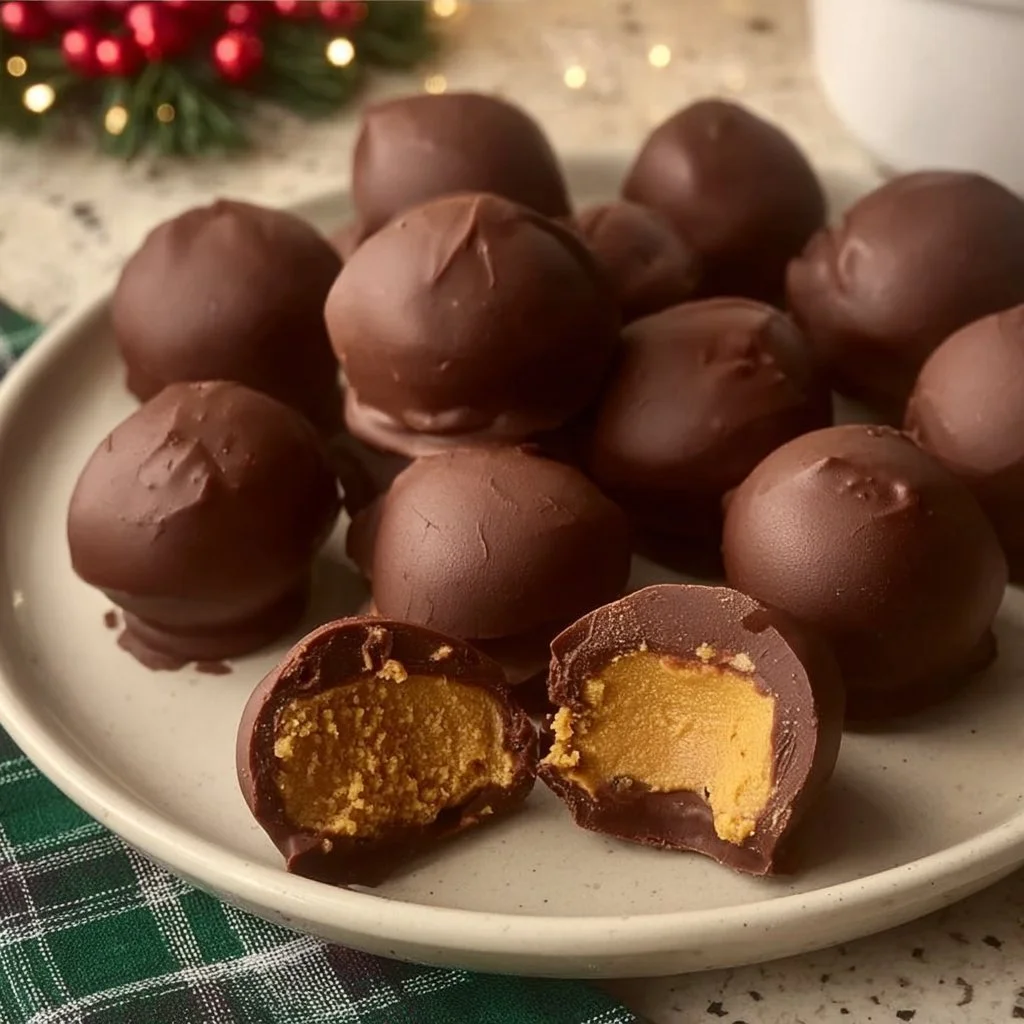 Delicious no-bake peanut butter balls on a plate