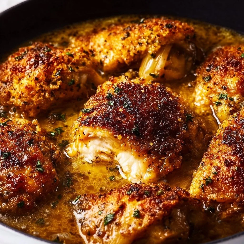 Baked onion soup chicken served in a dish