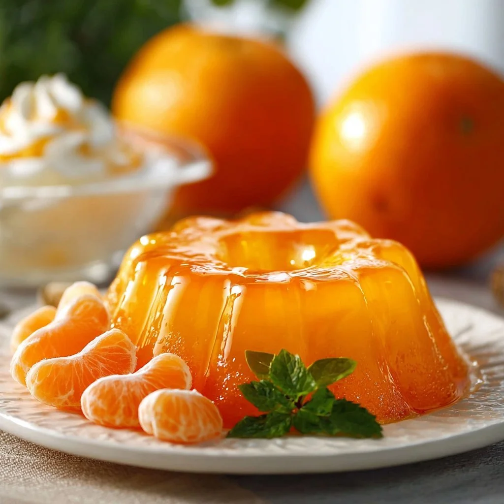 Delicious bowl of vibrant orange jello served with fresh fruit.