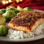 Pecan-Maple Salmon plated with herbs and a slice of lemon