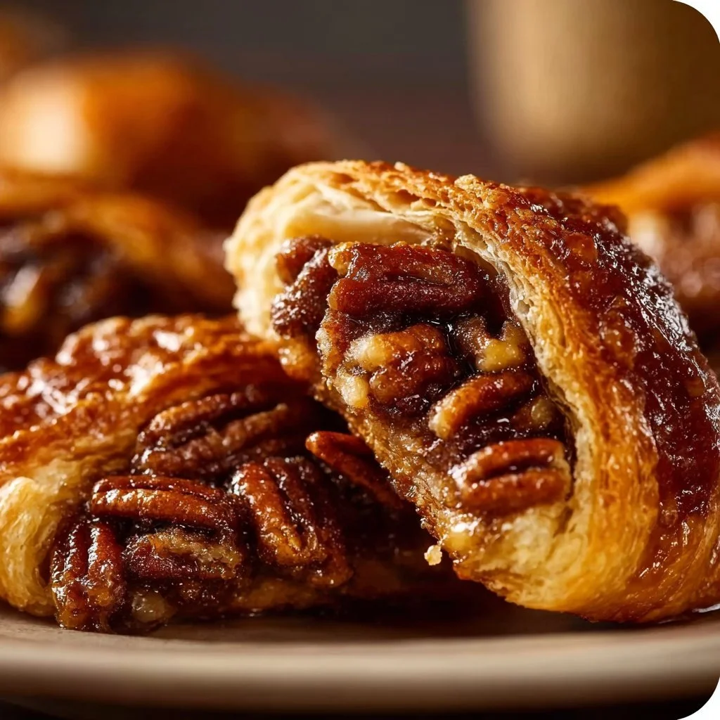 Delicious pecan pie crescents served with whipped cream on a plate