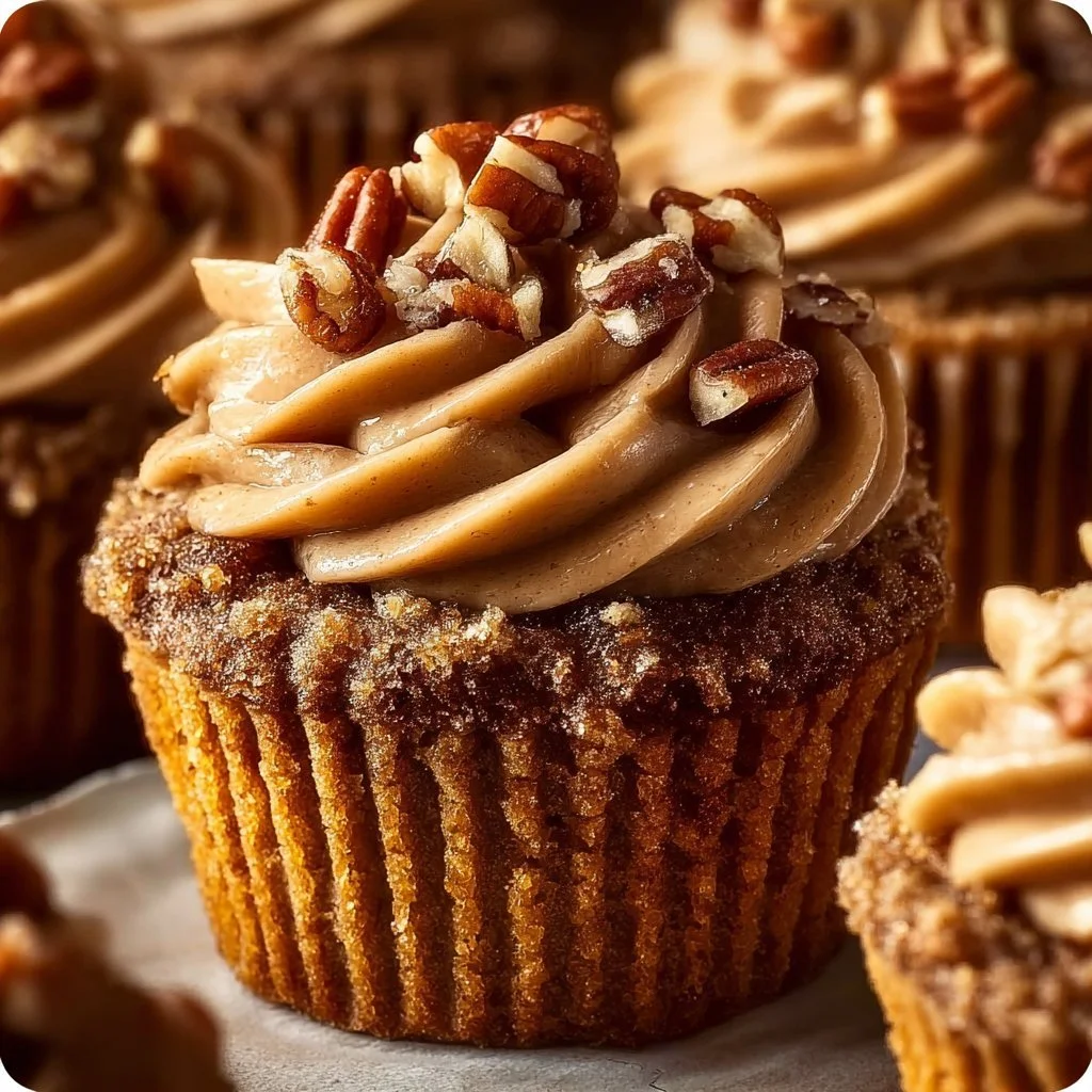 Pecan pie cupcakes topped with brown sugar frosting on a rustic wooden table