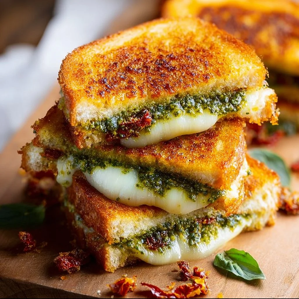 Delicious Pesto Grilled Cheese sandwich with melted cheese and fresh herbs.