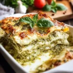 Delicious pesto lasagna layered with fresh basil pesto, cheese, and pasta
