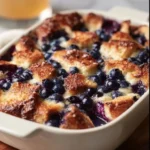 Quick Blueberry French Toast Casserole topped with fresh blueberries and syrup