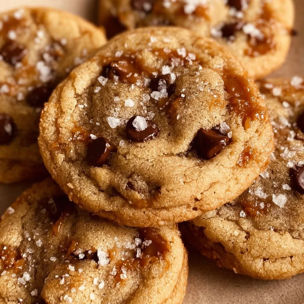 Freshly baked salted caramel cookies with a drizzle of caramel on top.