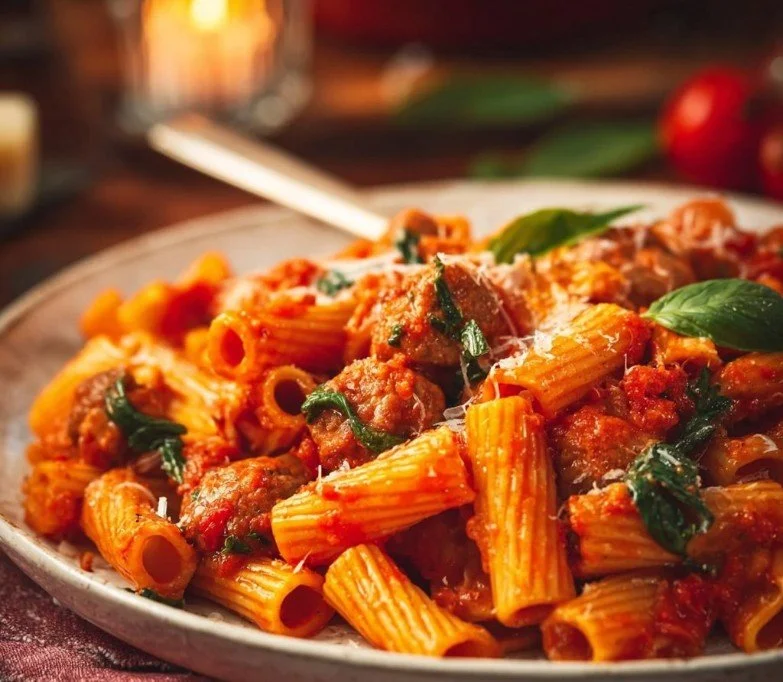Delicious sausage pasta with spinach and tomato in a bowl.