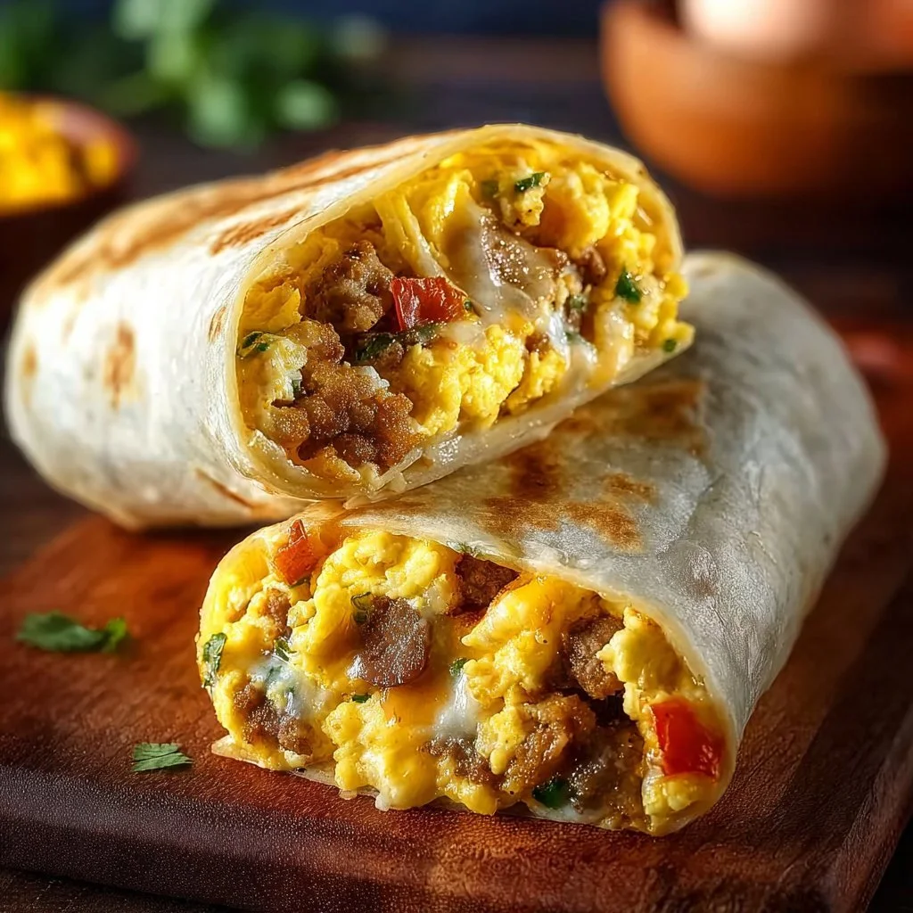 Delicious sausage egg breakfast burritos ready to enjoy