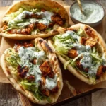 Sheet pan chicken pitas with herby ranch sauce on a wooden table