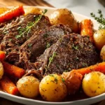 Slow cooker pot roast served with vegetables and herbs.