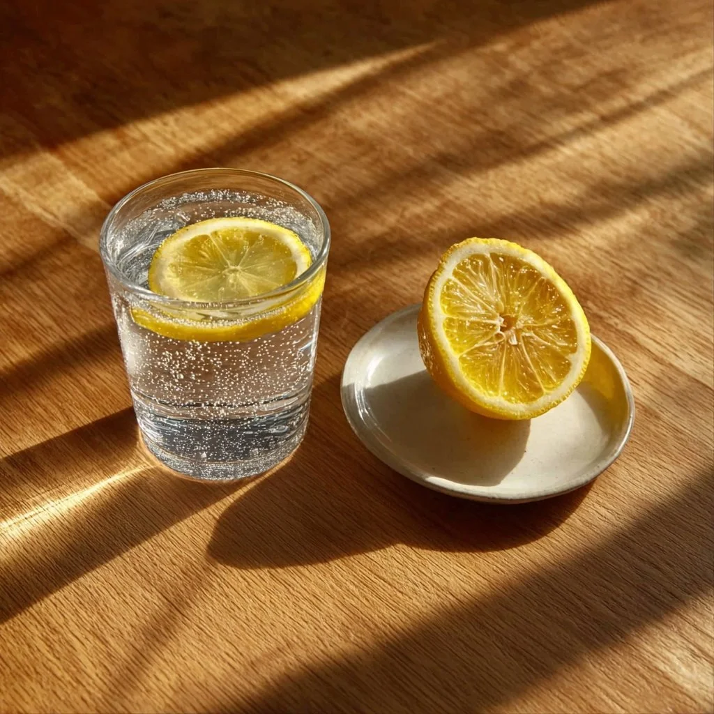 A glass of Sole Water with mineral crystals on a wooden table, promoting wellness.