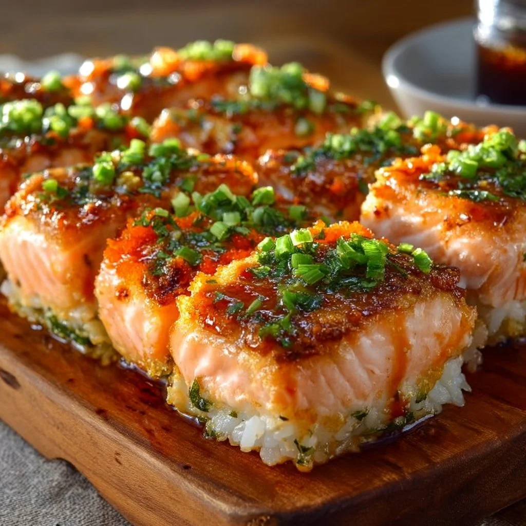 Spicy Salmon Sushi Bake topped with creamy sauce and garnishes