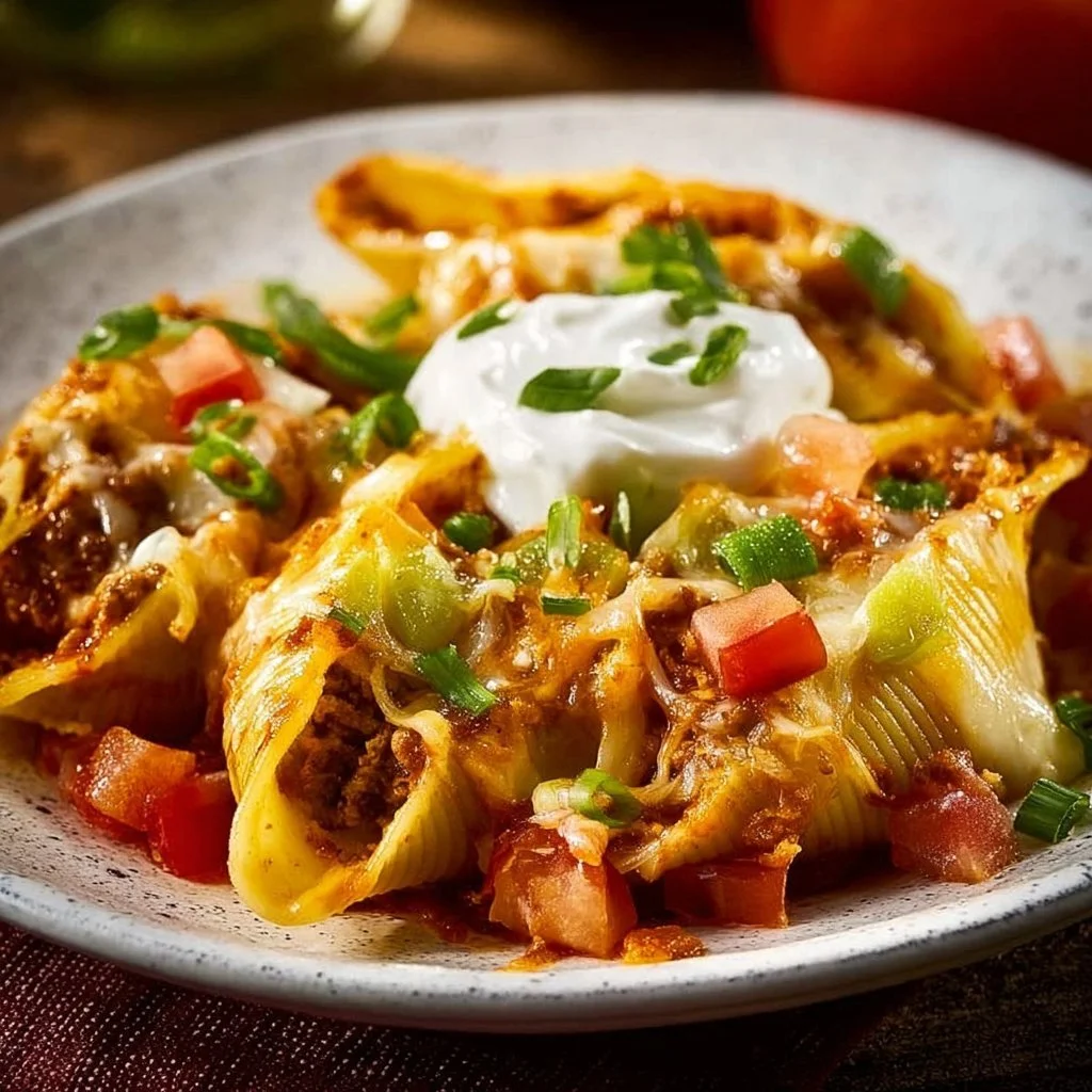 Delicious Taco Pasta Shells topped with cheese and fresh ingredients
