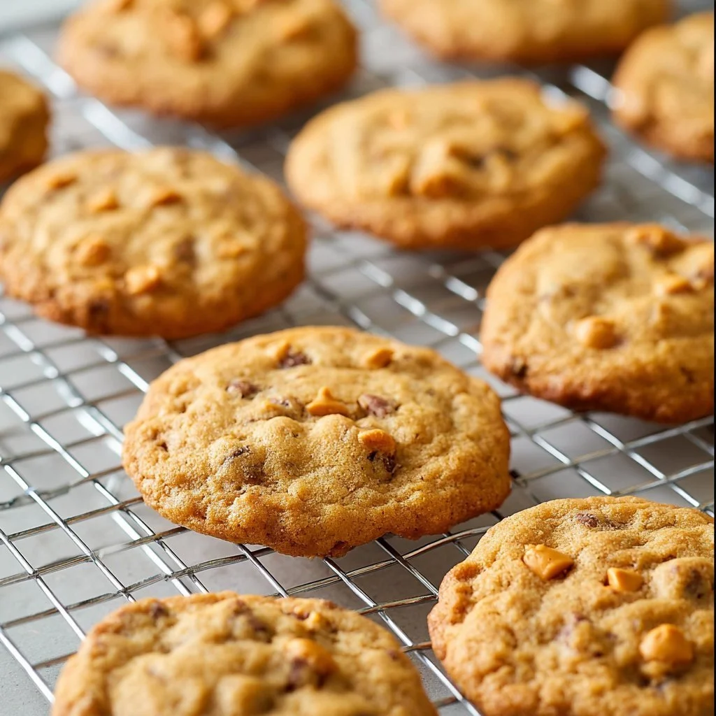 Warm caramel banana bread cookies on a cooling rack