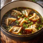 A delicious bowl of homemade potsticker soup with fresh ingredients.