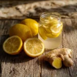 A cup of warm lemon-ginger water with fresh lemon slices and ginger root.