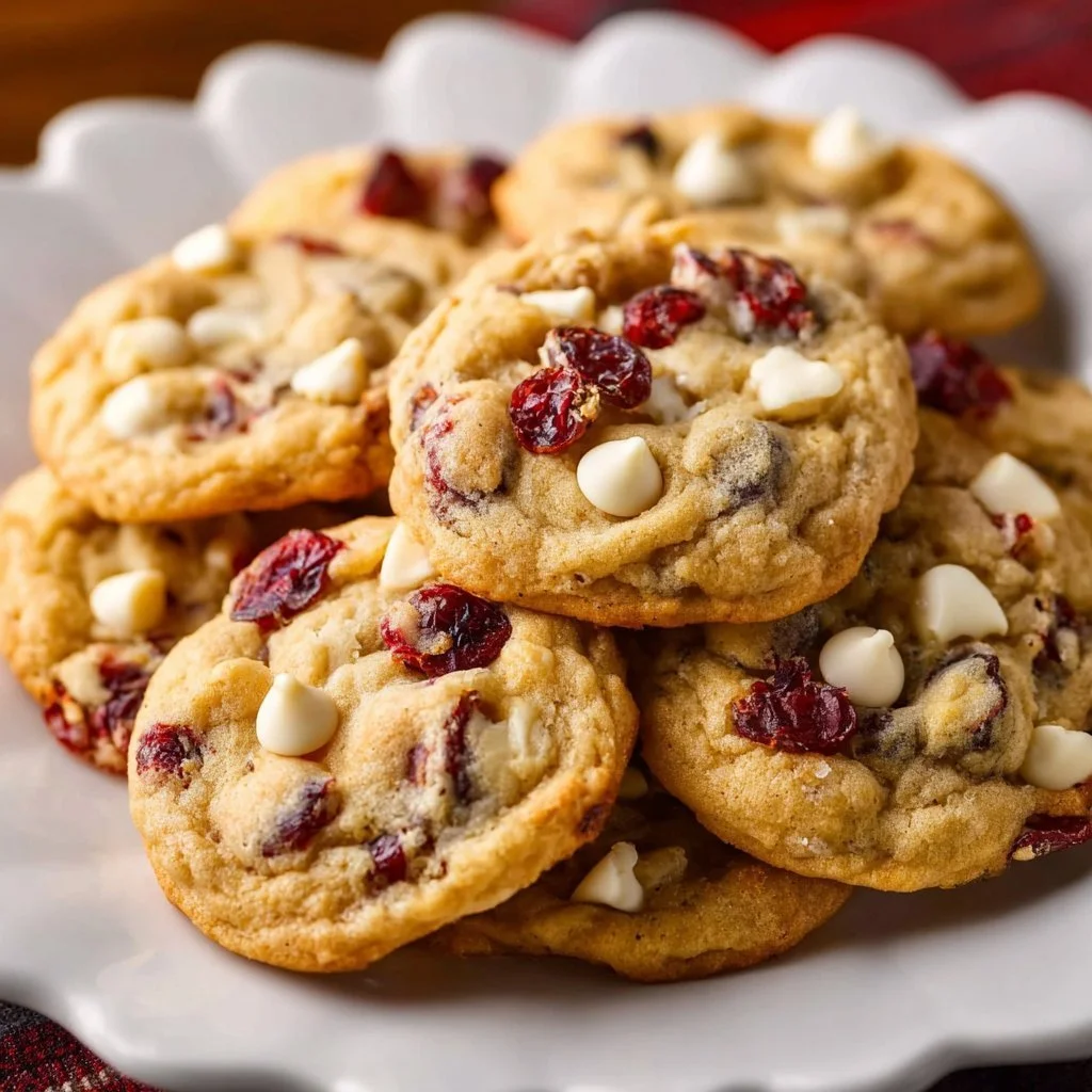 Delicious white chocolate cranberry cookies on a plate