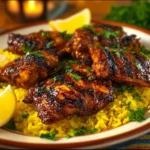 Delicious zesty peri peri chicken garnished with fresh herbs and spices