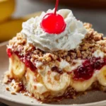 Delicious Banana Split Dump Cake topped with cherries, bananas, and whipped cream