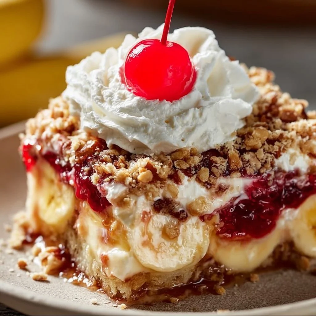 Delicious Banana Split Dump Cake topped with cherries, bananas, and whipped cream