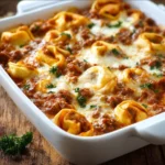 Delicious Beefy Tortellini Bake served in a baking dish with cheese and herbs