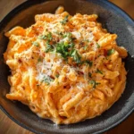 Delicious Buffalo Chicken Alfredo Pasta topped with fresh herbs and cheese