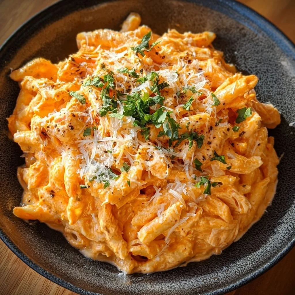 Delicious Buffalo Chicken Alfredo Pasta topped with fresh herbs and cheese