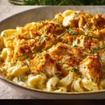 Creamy Cajun Chicken Mac and Cheese topped with herbs and spices