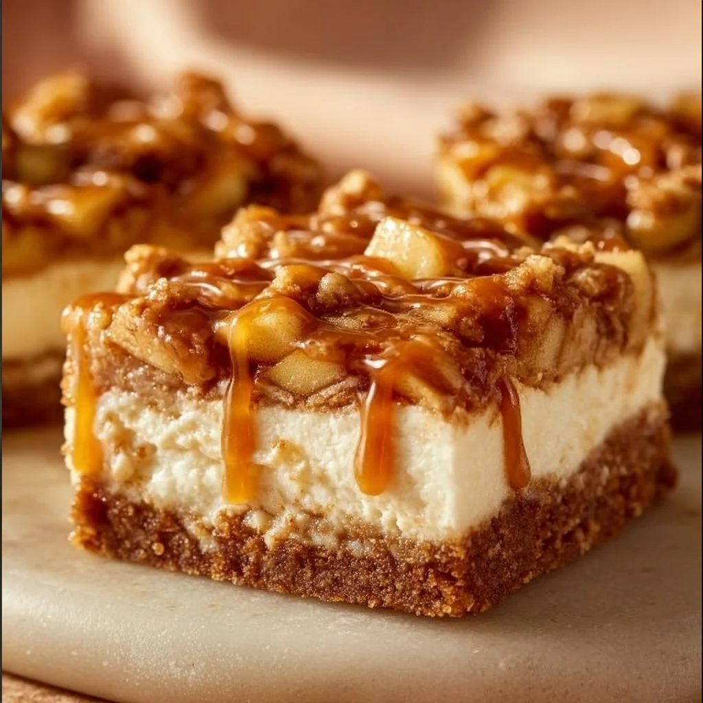 Delicious caramel apple cheesecake bars with a creamy filling and apple topping.