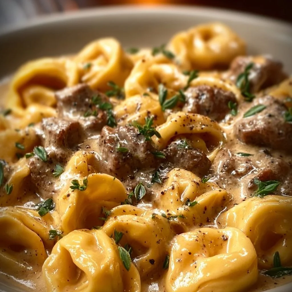 Cheesesteak Tortellini in Creamy Provolone Sauce Delight