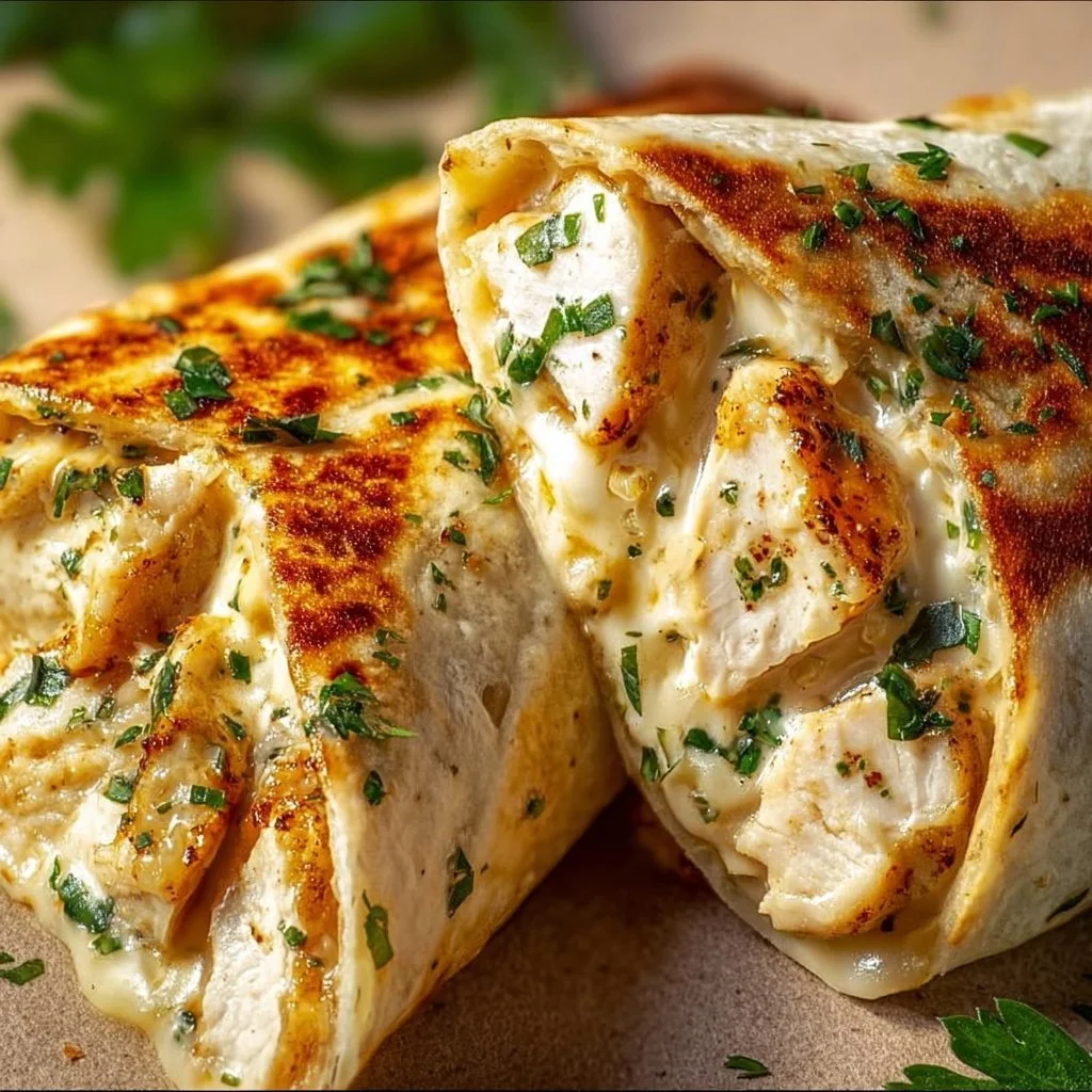 Cheesy garlic chicken wraps stacked on a plate, garnished with herbs.
