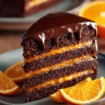Delicious Chocolate Orange Layer Cake topped with glossy ganache.