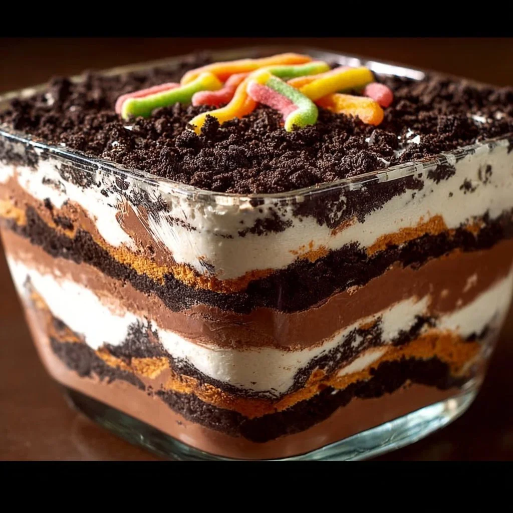 A delicious serving of Classic Dirt Cake with chocolate and gummy worms on top.