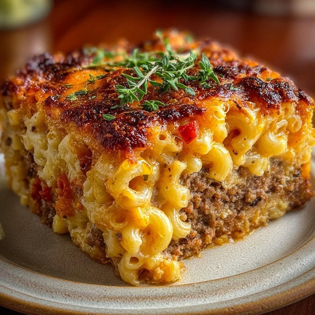 Cozy Mac and Cheese Meatloaf Casserole topped with melted cheese and golden brown crust