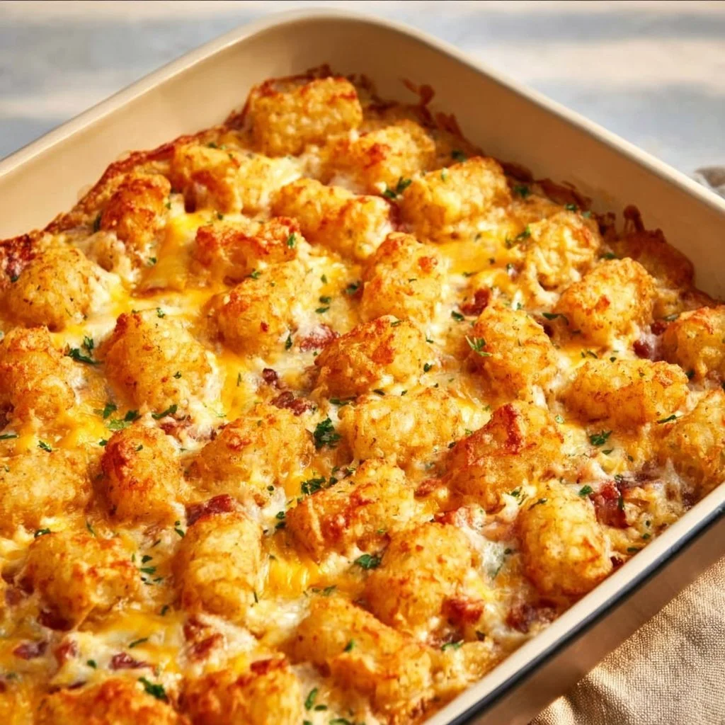 Delicious Cracked Out Chicken Tater Tot Casserole topped with cheese and crispy tater tots.