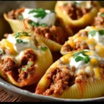 Creamy beef taco stuffed shells filled with seasoned meat and toppings