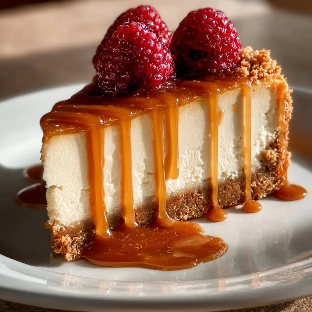 Sliced creamy gingerbread cheesecake topped with caramel sauce and whipped cream