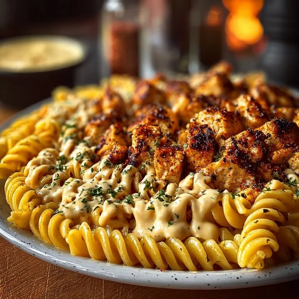 Creamy Velveeta chicken rotini pasta dish topped with fresh herbs.