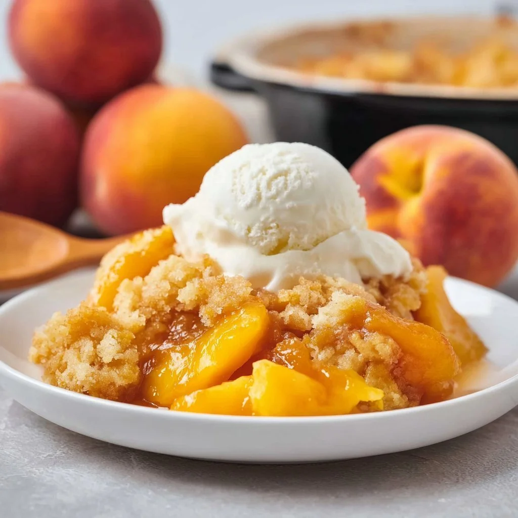 Delicious Crockpot Peach Dump Cake served with whipped cream