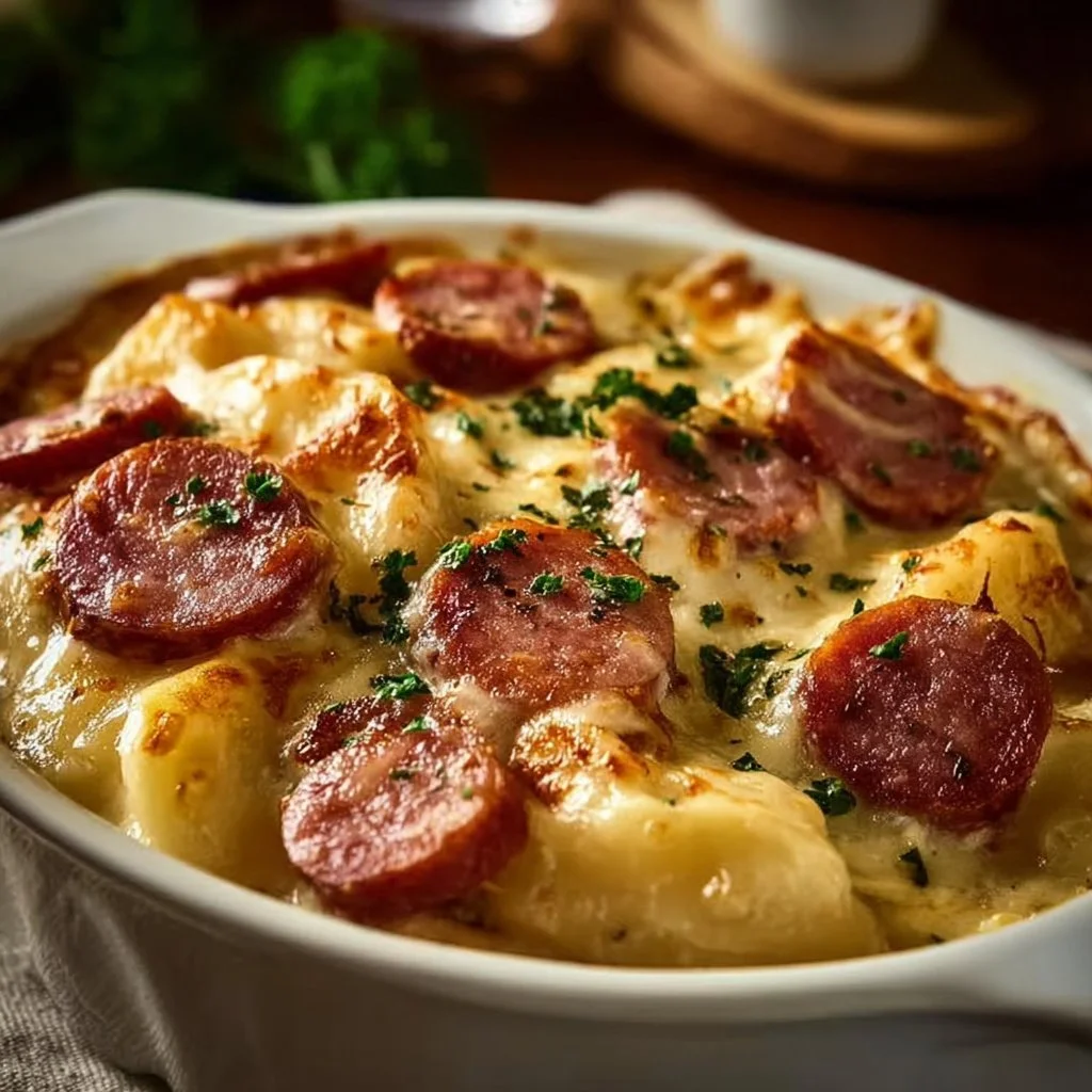 Delicious Crockpot Pierogi Casserole with Kielbasa in a serving dish.