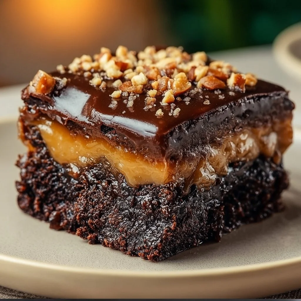 Decadent chocolate caramel dump cake topped with rich caramel sauce and chocolate