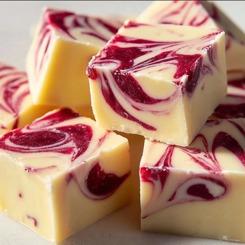 Decadent white chocolate raspberry fudge dessert served on a plate