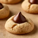 Delicious peanut butter blossoms cookies topped with chocolate kisses