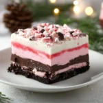 Decadent chocolate peppermint lasagna layered with creamy filling and festive toppings