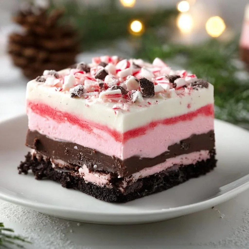 Decadent chocolate peppermint lasagna layered with creamy filling and festive toppings