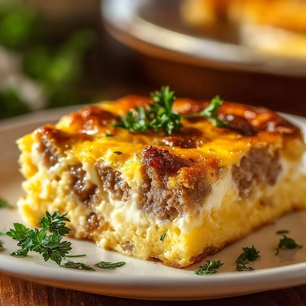 Delicious family-friendly sausage and egg casserole served in a baking dish.